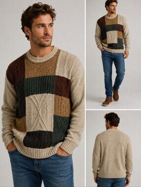 Men's Vintage Liberty Sweaters Patchwork Crewneck Sweater L Brown Colorblock